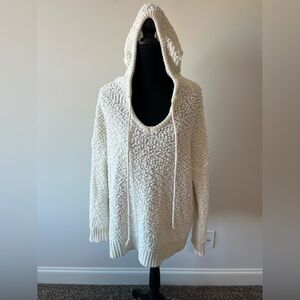 fab'rik Cream Textured V-Neck Hooded Boucle Cotton Sweater S/M